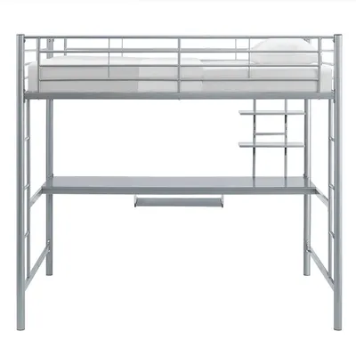 Premium Metal Full Size Loft Bed with Wood Workstation - Silver