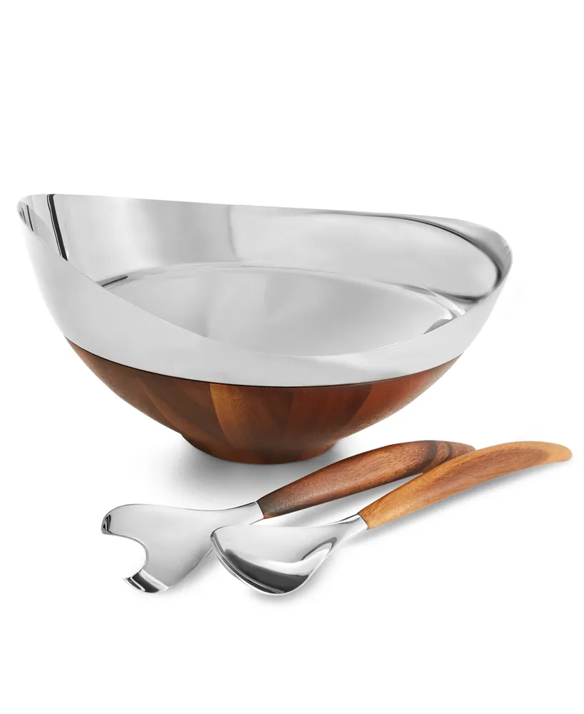 Nambe Pulse 3 Piece Stainless 12" Salad Bowl with Servers