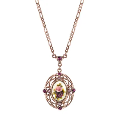 2028 Rose Gold-Tone Purple Crystal Flower Pendant Necklace 28"