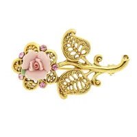 2028 Gold-Tone Pink Crystal and Porcelain Rose Brooch