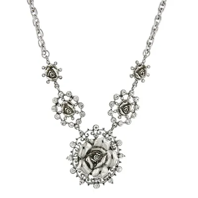 2028 Silver-Tone Crystal Multi Flower Drop Necklace 16" Adjustable