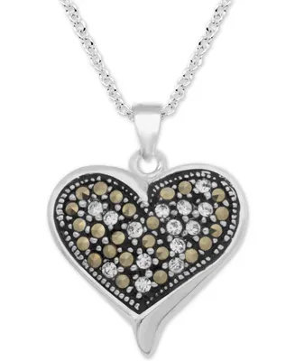 Marcasite & Crystal Heart 18" Pendant Necklace in Silver-Plate