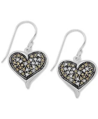Marcasite & Crystal Filigree Heart Drop Earrings in Silver Plate