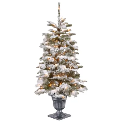 National Tree Company 4' Feel Real Snowy Camden Entrance Tree in Silver Brushed Urn with 100 Clear Lights