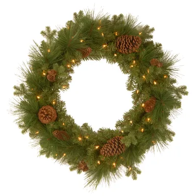 National Tree Company 24" Feel Real(R) Eastwood Spruce Wreath with 18 Mixed Pine Cones & 50 Warm White Battery Operated Led Lights with Timer