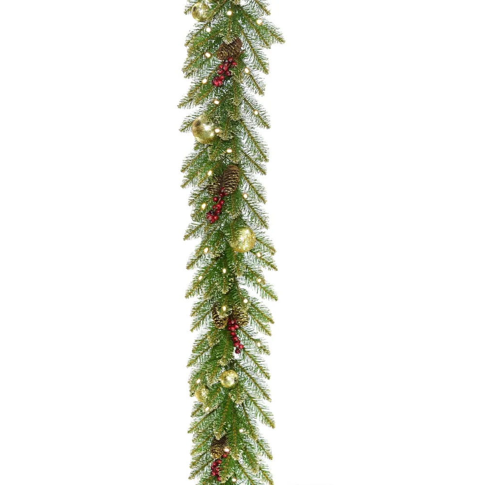 National Tree Company 9'x 10" Glittery Gold Dunhill Fir Garland w/ Red Berries, Gold Edged Cones, Gold Ornaments & Warm White Battery Operated Led Lig