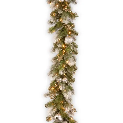 National Tree Company 9' Glittery Pomegranate Pine Garland with Silver Pomegranates,Champagne Berries Frosted Tips and 100 Clear Lights
