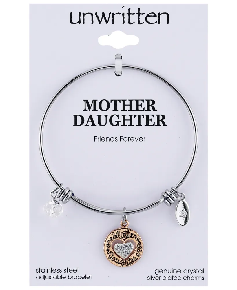 Unwritten Two-Tone Mother & Daughter Heart Charm Bangle Bracelet in Rose Gold-Tone & Stainless Steel with Silver Plated Charms