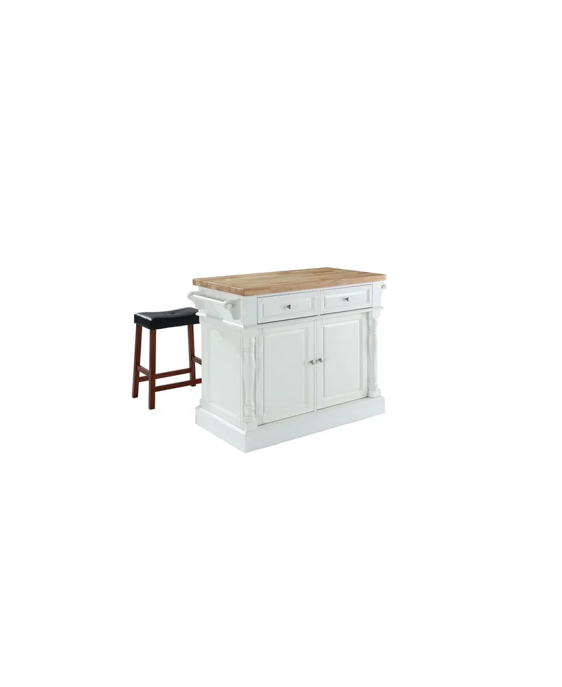 Oxford Butcher Block Top Kitchen Island With 24" Upholstered Saddle Stools