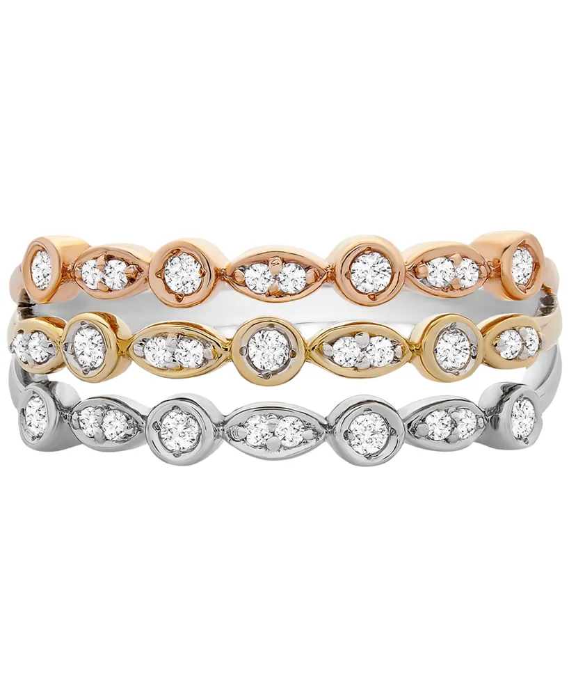 Wrapped Diamond Tricolor Triple Band Ring (1/4 ct. t.w.) in 14k Gold, White & Rose Gold, Created for Macy's