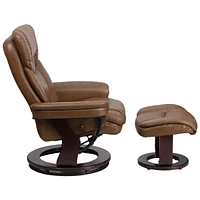 Contemporary Palimino Leather Recliner And Ottoman With Swiveling Mahogany Wood Base