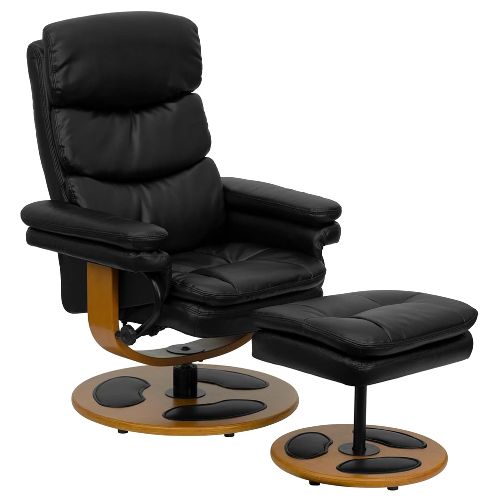 Contemporary Black Leather Recliner And Ottoman With Wood Base