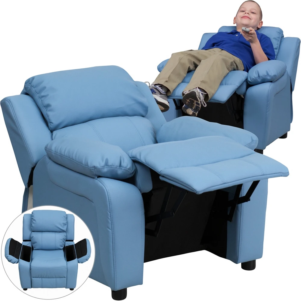 Deluxe Padded Contemporary Light Blue Vinyl Kids Recliner With Storage Arms