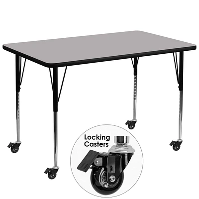 Mobile 36''W X 72''L Rectangular Grey Thermal Laminate Activity Table - Standard Height Adjustable Legs