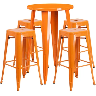 24'' Round Metal Indoor-Outdoor Bar Table Set With 4 Square Seat Backless Stools