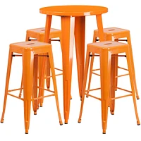 24'' Round Metal Indoor-Outdoor Bar Table Set With 4 Square Seat Backless Stools