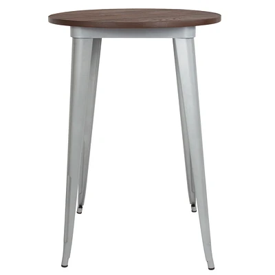 30" Round Silver Metal Indoor Bar Height Table With Walnut Rustic Wood Top