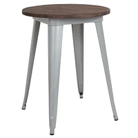 24" Round Silver Metal Indoor Table With Walnut Rustic Wood Top