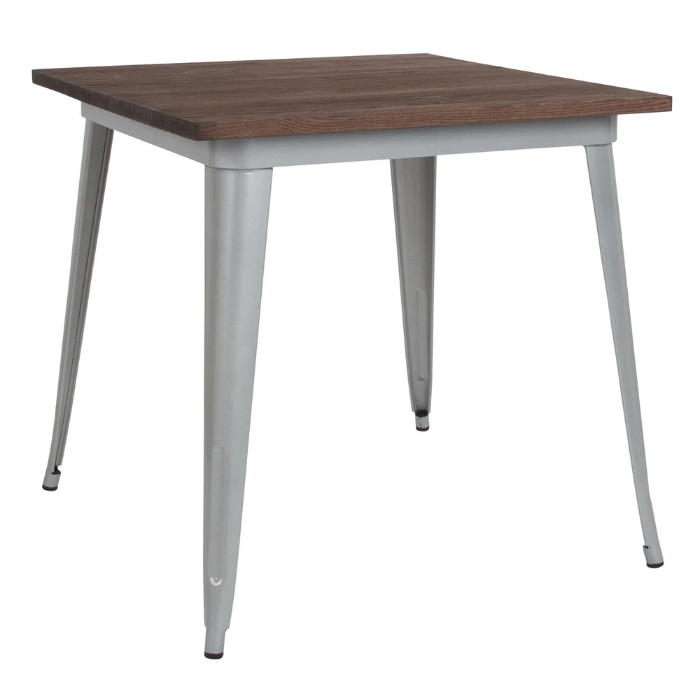 31.5" Square Silver Metal Indoor Table With Walnut Rustic Wood Top