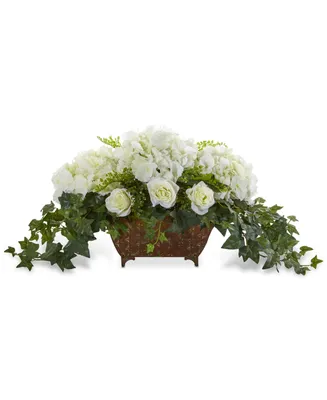 Nearly Natural Hydrangea & Roses Artificial Arrangement in Decorative Metal Planter