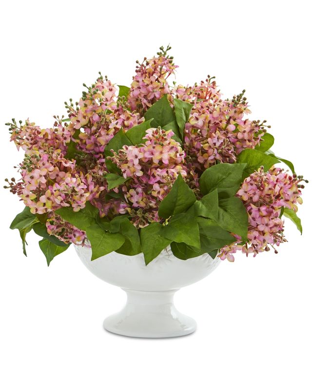 Nearly Natural Lilac Artificial Arrangement White Pedestal Vase