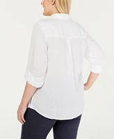 Charter Club Plus 100% Linen Roll-Tab Shirt, Exclusively at Macy's