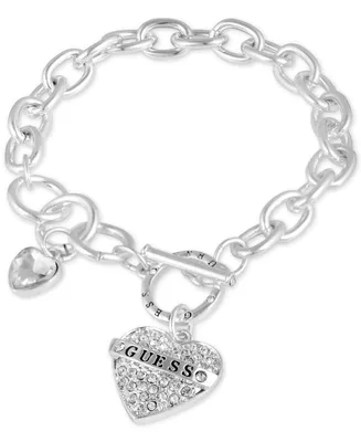 Guess Silver-Tone Crystal Logo Heart Charm Link Bracelet