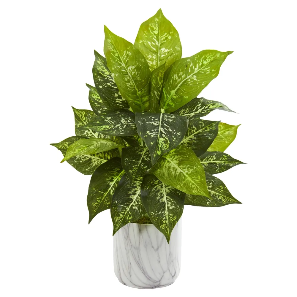 Nearly Natural Dieffenbachia Artificial Plant in Marble Finish Planter, Set of 2