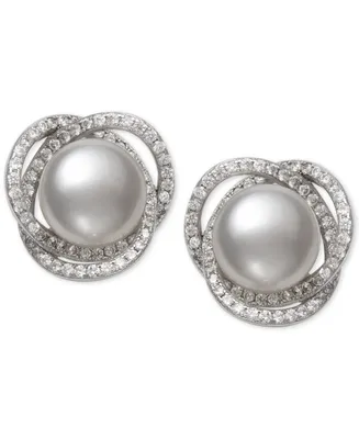 Cultured Freshwater Pearl (9mm) & Cubic Zirconia Spiral Stud Earrings in Sterling Silver