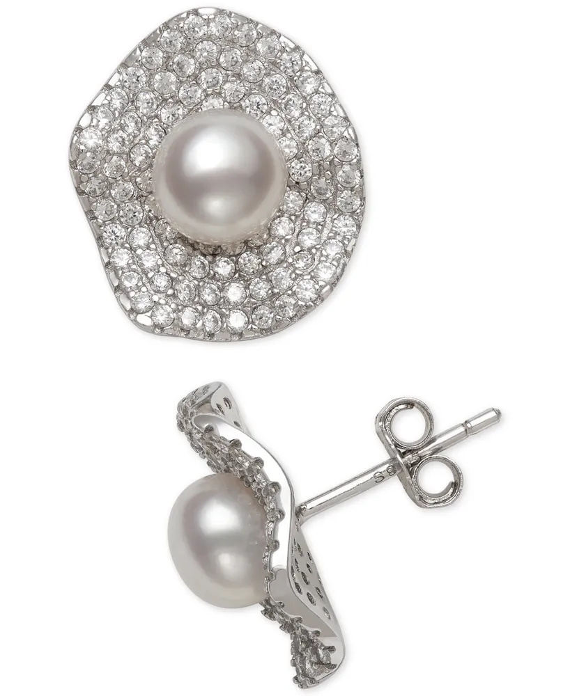 Cultured Freshwater Pearl (6mm) & Cubic Zirconia Button Stud Earrings in Sterling Silver