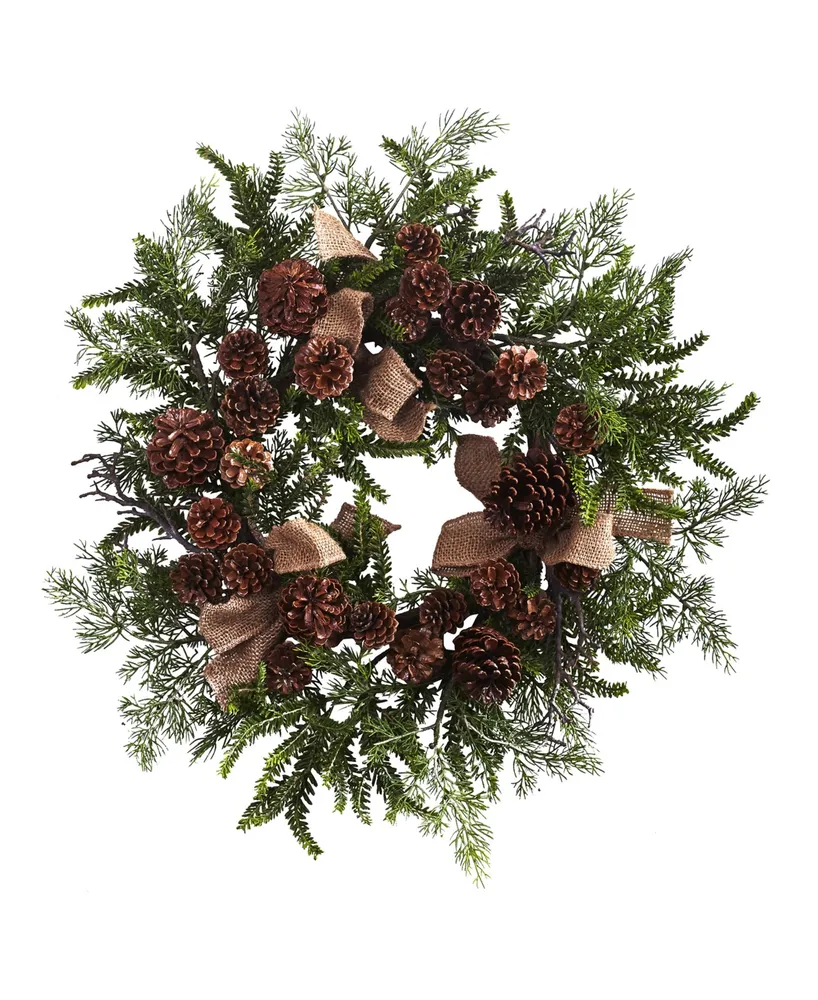 Nearly Natural 24" Pine and Pine Cone Wreath w/ Burlap Bows