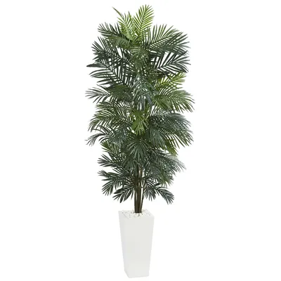 Nearly Natural 7' Areca Artificial Tree in White Tower Planter