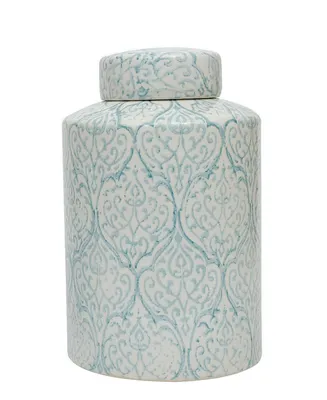 Decorative Tall Ceramic Ginger Jar with Lid, Blue and White