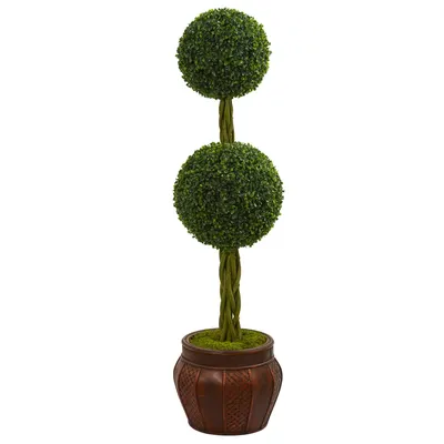 Nearly Natural 4.5' Boxwood Double Topiary Artificial Tree in Decorative Planter