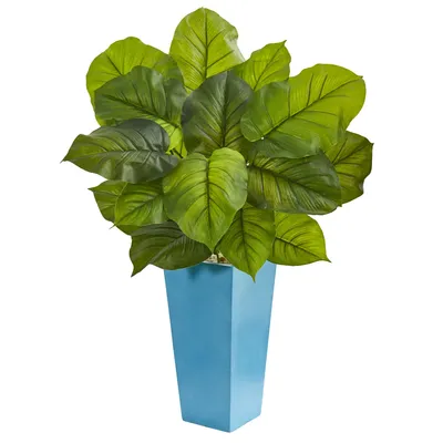 Nearly Natural 3' Large Leaf Philodendron Artificial Plant in Turquoise Planter - Real Touch