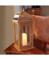 Lumabase Brown Wooden Lantern with Copper Roof and Led Candle