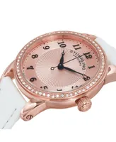 Stuhrling Original Classy Ladies Ultra Slim Quartz Watch, Rose Tone Case on White Alligator Embossed Genuine Leather Strap, Crystals on Rose Tone Beze