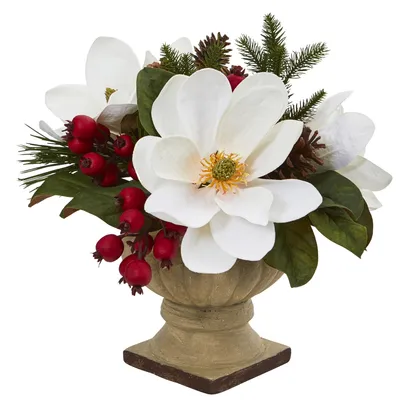 Nearly Natural 15" Magnolia, Pine and Berries Artificial Arrangement