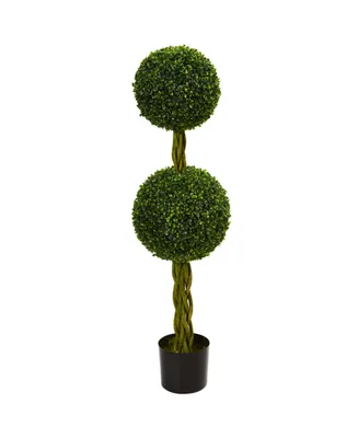 Nearly Natural 4' Boxwood Double Ball Artificial Topiary Tree w/Woven Trunk, Uv Resistant