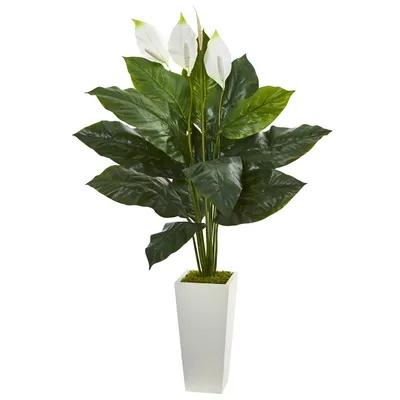 Nearly Natural 51" Spathiphyllum Artificial Plant in White Tower Planter