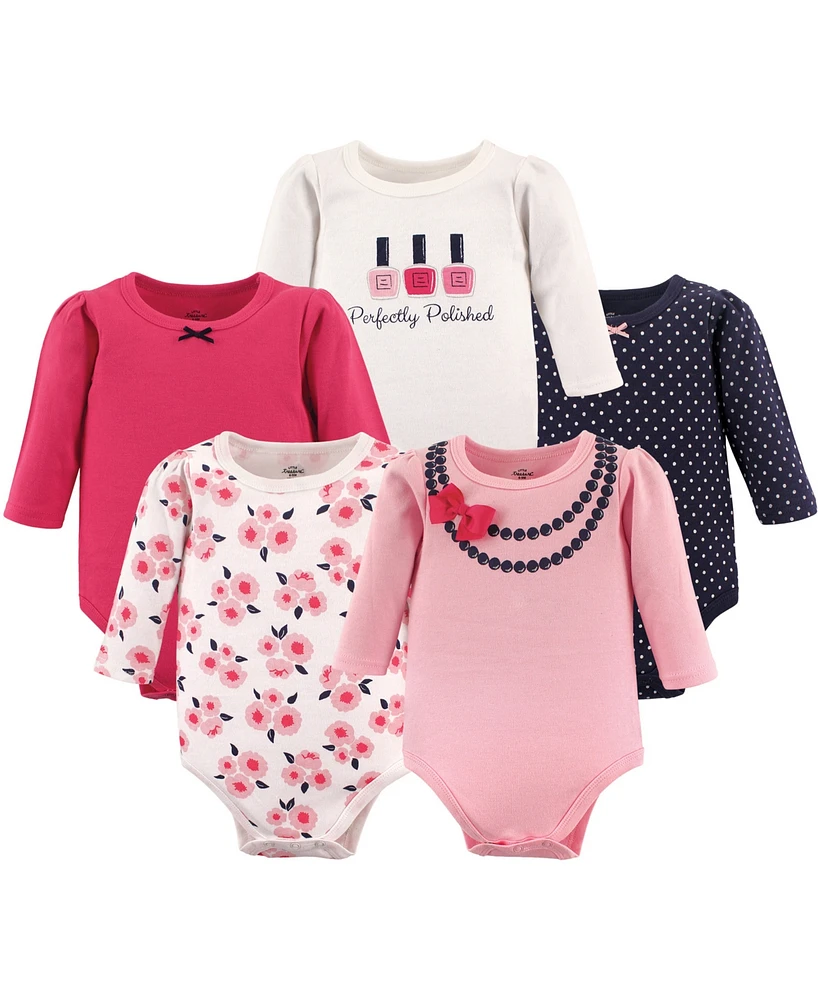 Little Treasure Big Girls Plus Cotton Long-Sleeve Bodysuits 5pk, Bow Necklace, 18-24 Months