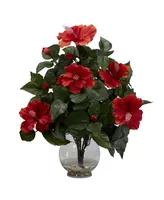 Nearly Natural Hibiscus w/Fluted Vase Silk Flower Arrangement