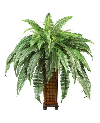 Nearly Natural Boston Fern w/ Wood Vase Silk Plant