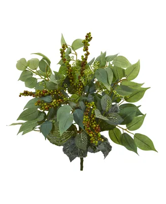 Nearly Natural 14" Mixed Ficus, Fittonia and Berries Bush Artificial Plant (Set of 6)