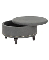 Augusta Round Storage Ottoman with Antique Bronze Nailheads