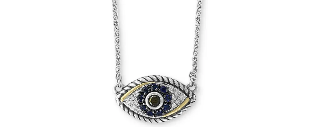 Effy Sapphire (1/6 ct. t.w.) & Diamond (1/8 ct. t.w.) Evil Eye 18" Pendant Necklace in Sterling Silver & 18k Yellow Gold