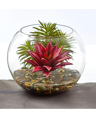 Nearly Natural Mixed Succulent Artificial Plant in Round Glass Vase