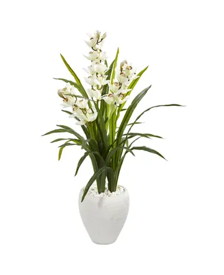 Nearly Natural 4' Cymbidium Orchid Artificial Plant in White Planter