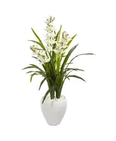 Nearly Natural 4' Cymbidium Orchid Artificial Plant in White Planter