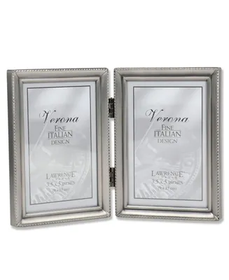Lawrence Frames Antique Pewter Hinged Double Picture Frame - Beaded Edge Design - 3.5" x 5"
